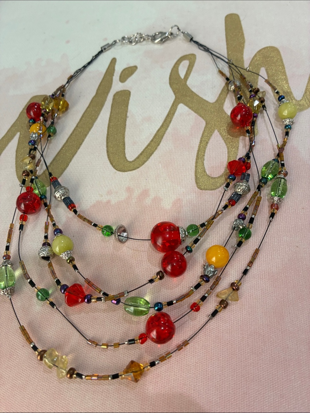Multi-Strand Glass Bead Necklace in Red, Green, Yellow